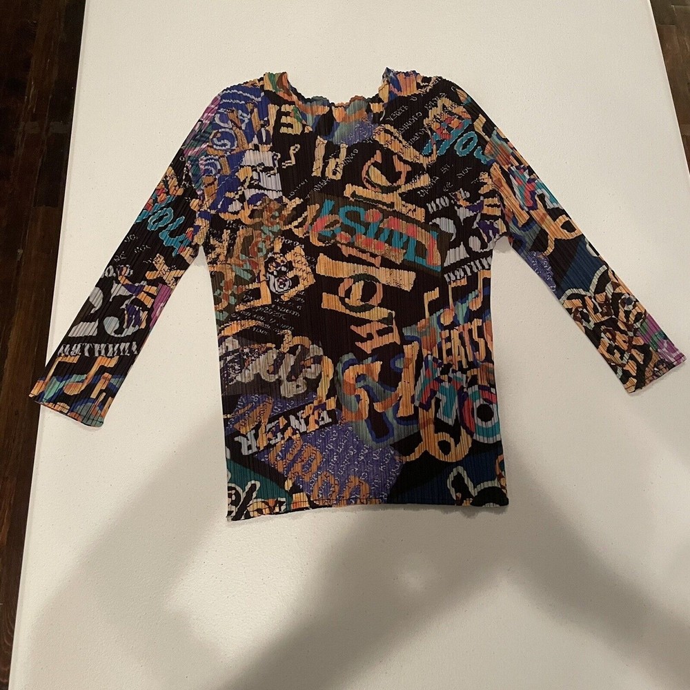 PLEATS PLEASE ISSEY MIYAKE Colorful Abstract Pleated Blouse Top Shirt Sz 3 M Art